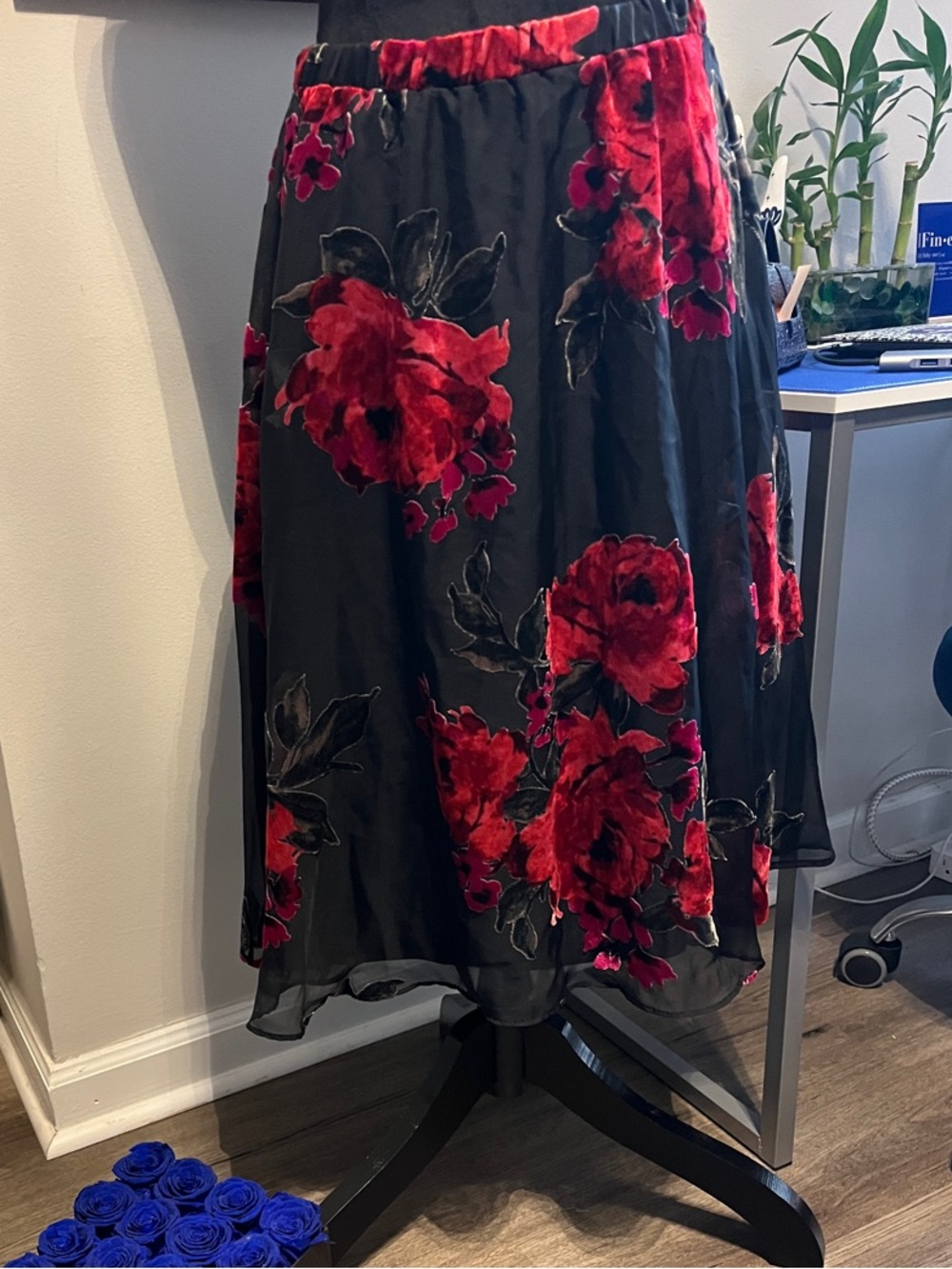 Versona Black Skirt with Red Floral Velvet Appliqué